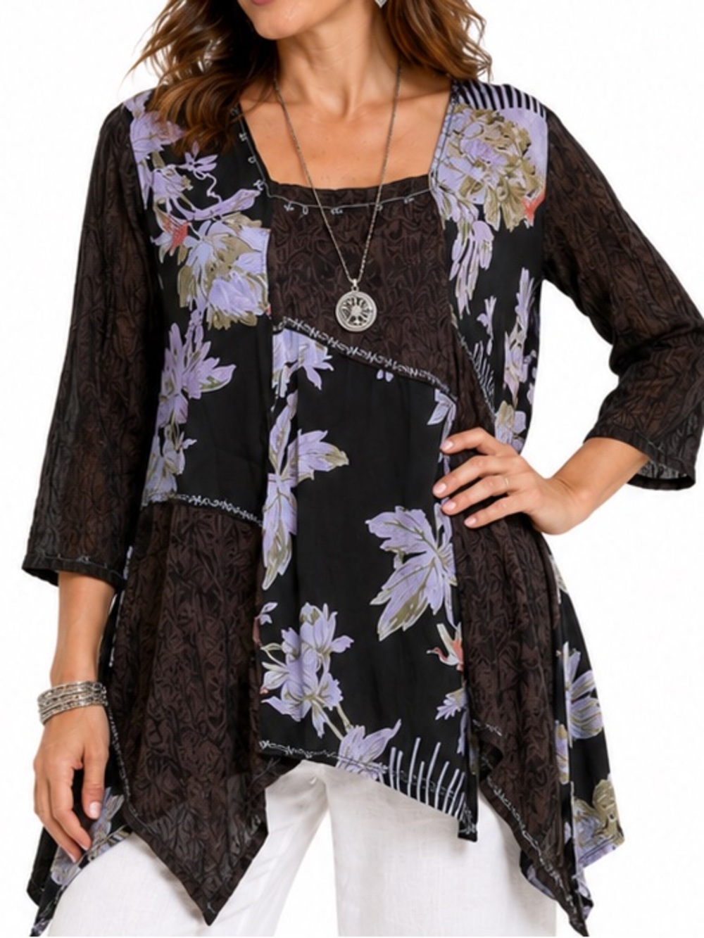 Tienda Ho Patchwork Floral Rayon Tunic Top Artsy Boho Lagenlook Free Size